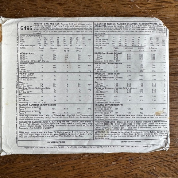 McCall’s 6495 Vintage Gardening Craft Pattern Apron, Hat & Tote Sizes: S/M/L/XL - Picture 2 of 3